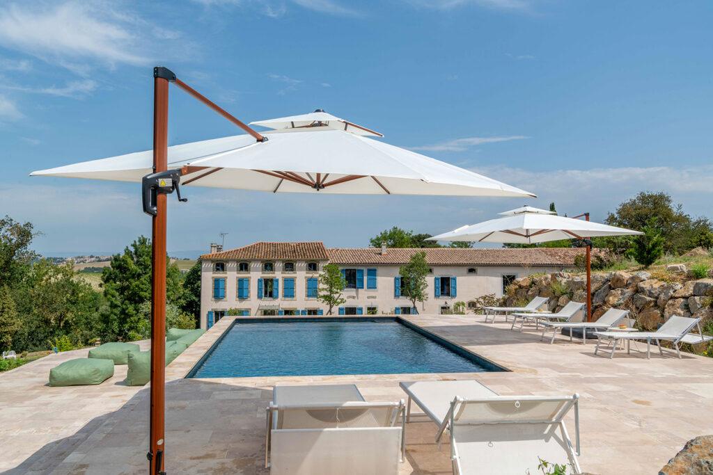 pool with umbrellas